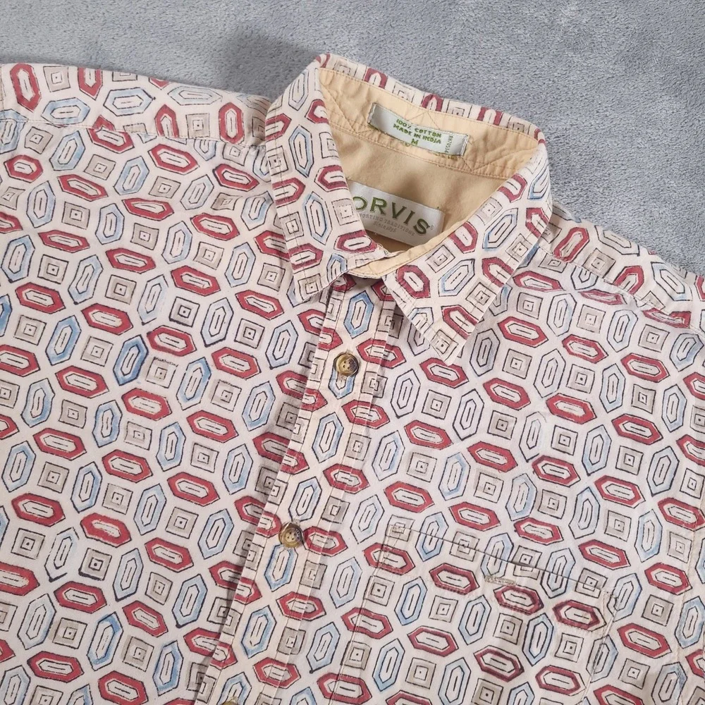 Orvis Shirt Mens Medium Beige Red Geometric Button Up Short‎ Sleeve Cotton